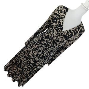 CHICO'S TRAVELERS! NO IRON BLACK & TAN ABSTRACT FAUX WRAP FRONT DRESS! SZ 8